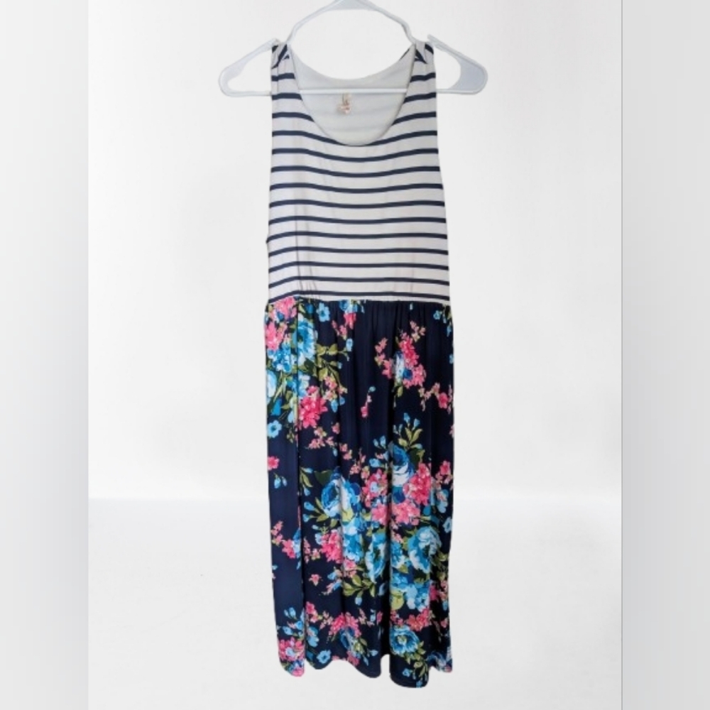Bellamie Striped and Floral Midi Dress - Navy and White